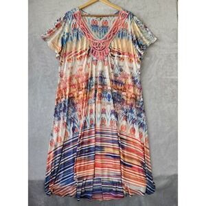 One World Dress Womens Size 3X Crocheted Lace Stretch Abstract Art Print Coral